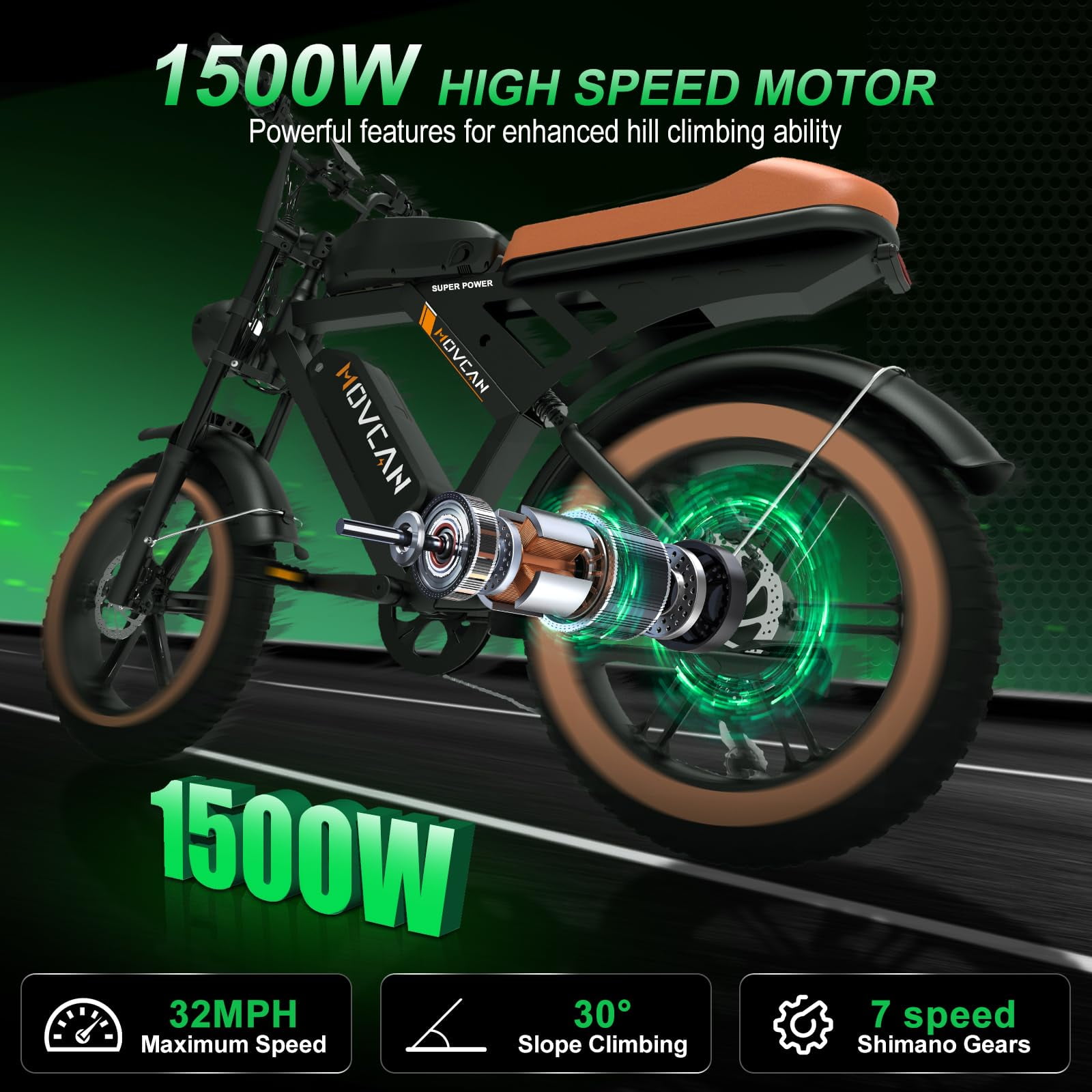 Movcan V30Max Dual Battery Electric Bike for Adult, 1500W 20" Fat Tire 48V 31.2AH Removable Battery, 32MPH 7-Speed Hydraulic Brake Off-Road Mountain Ebike UL2849