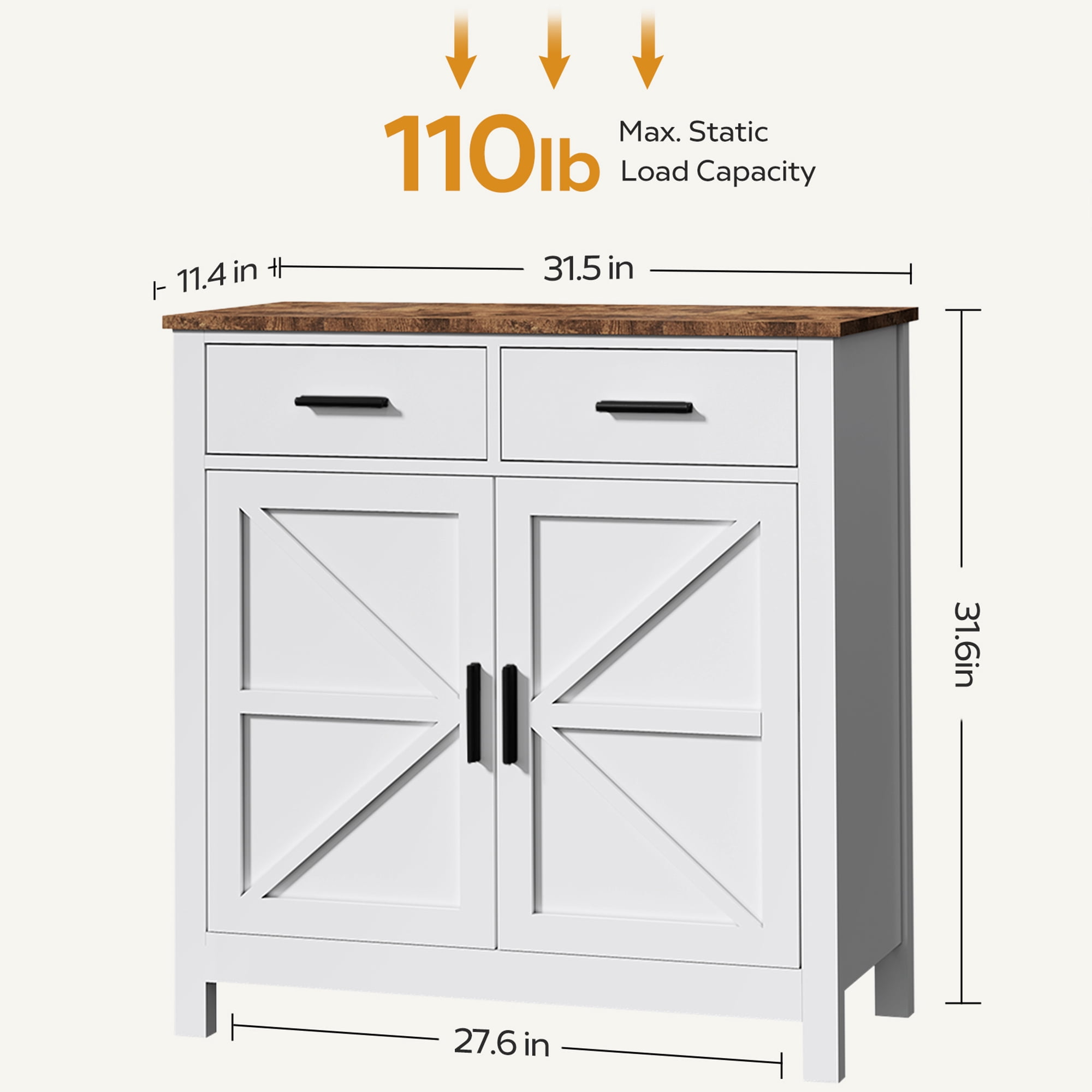 Kitchen Storage Cabinet, Modern Farmhouse Buffet Cabinet with Storage, Coffee Bar with 2 Drawers and 2 Doors, Floor Sideboard Buffet for Living Room, Dining Room, Bathroom (White)