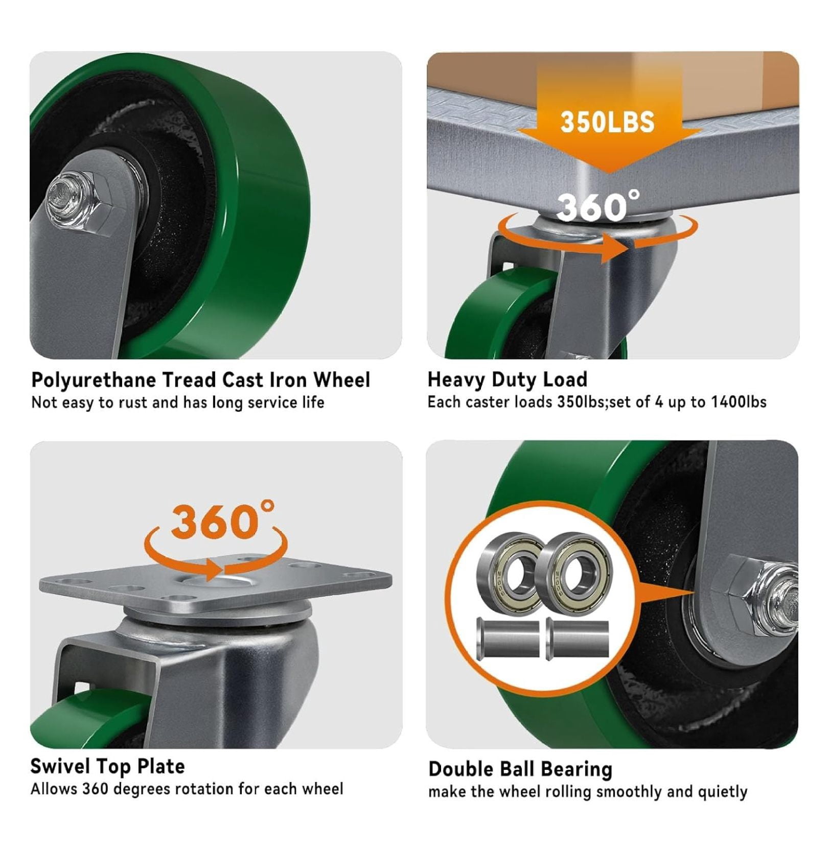 Caster Wheels, 3" Heavy Duty Industrial Casters Set of 4 with Load 1400lbs Capacity, Polyurethane Wheels for Cart Furniture(2 Swivel & 2 Rigid)