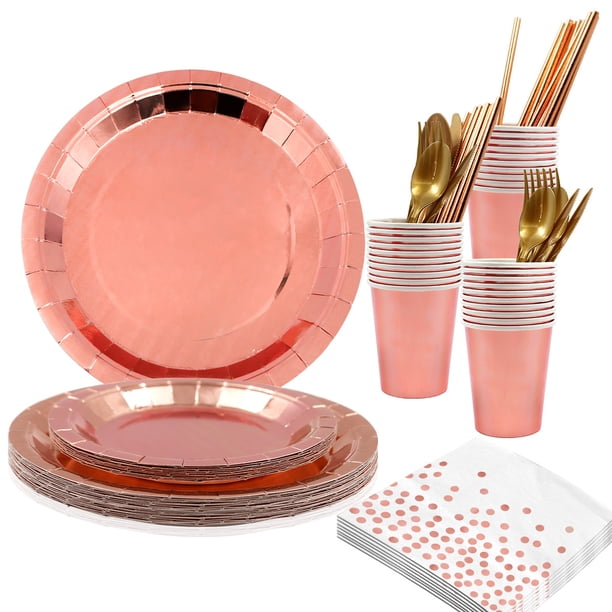 Zhuge 180 piezas de suministros para fiestas de color rosa, 20 piezas de vajilla desechable para fiestas, tenedores, cuchillos, cucharas de plástico dorado y platos de papel con lunares dorados