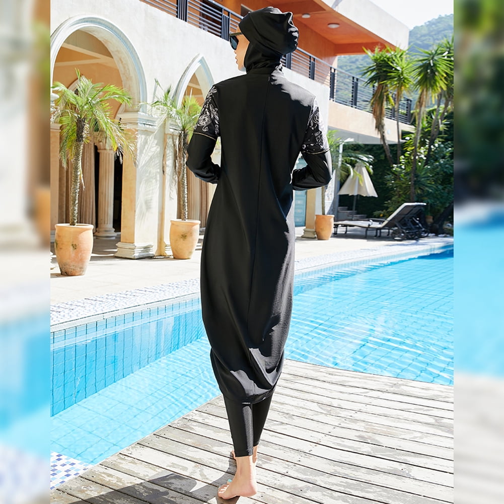 IBTOM CASTLE Muslim Swimsuits for Women Modest Islamic Arabic Swimwear Burkini Full Cover Hijab Top Pants Swimming Cap Bathing Suits XL Black - Ruched Hem