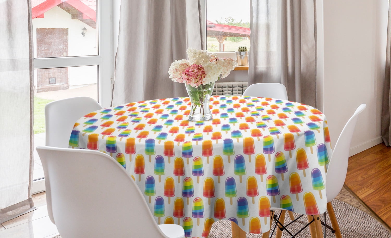 Ice Cream Round Tablecloth, Orange and Rainbow Colored Sugary Treats
