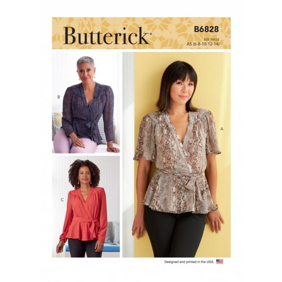 Butterick Misses' Wrap Top, Code B6828 Sewing Pattern Kit, Sizes 6-8-10-12-14, Multicolor