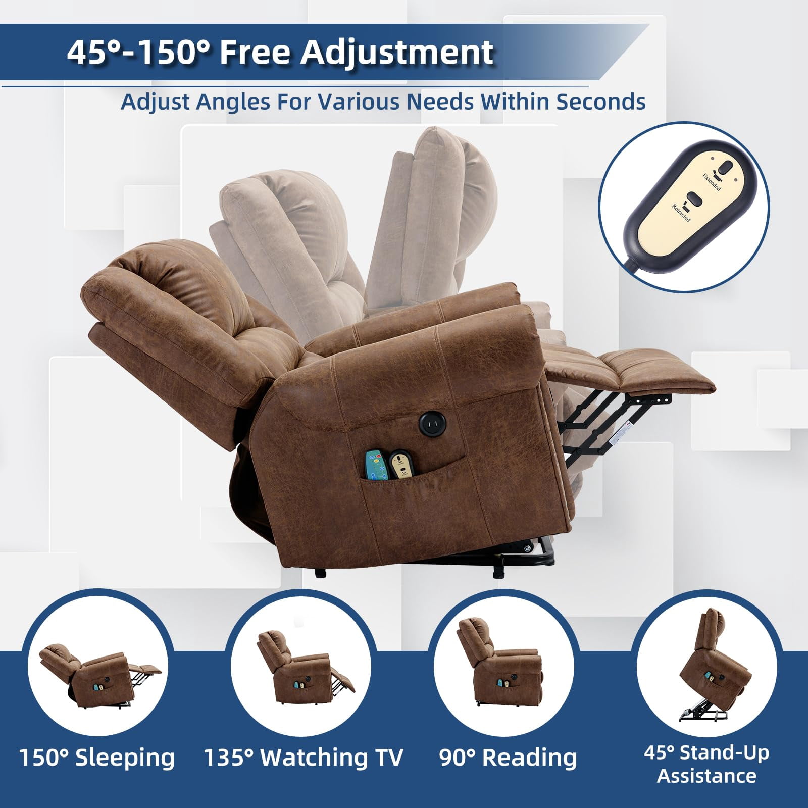 SOCIALCOMFY Power Lift Recliner Chair for Elderly with Massage and Heat, Electric Recliner Chair with Rivet Decoration, 2 Remote Controls, Side Pockets & USB Ports for Home, Office (Nut Brown)