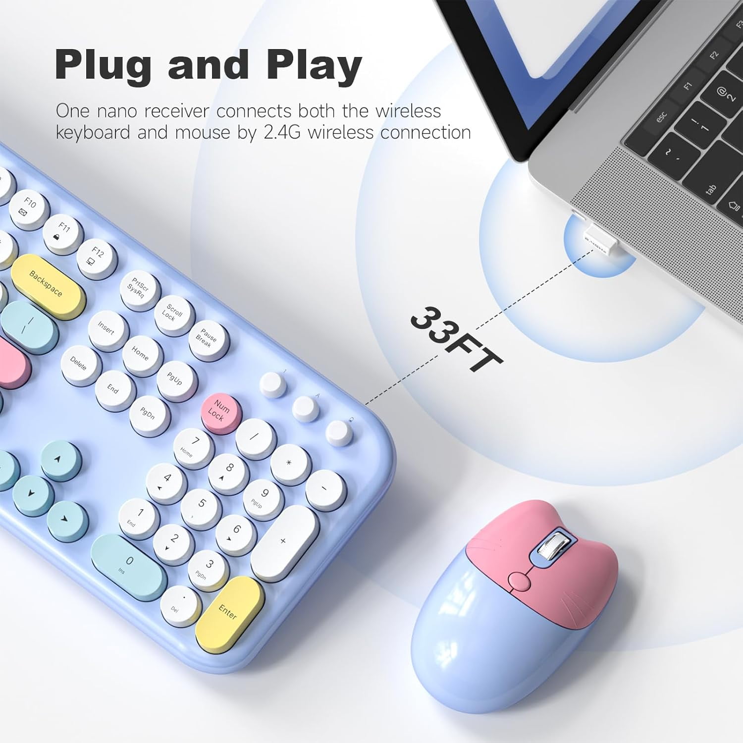 MOFII Wireless Keyboard and Mouse Combo 2.4GHz Retro Full-Size Keyboard with Number Pad and Cute Wireless Mouse (Light Blue Colorful)