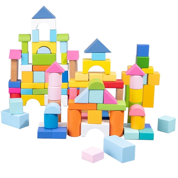 KAKOWELY wood building block kids 100Pcs Geometric Assembling Building Blocks Wooden Blocks Kids Educational Toys2.36"X1.18"X1.18"