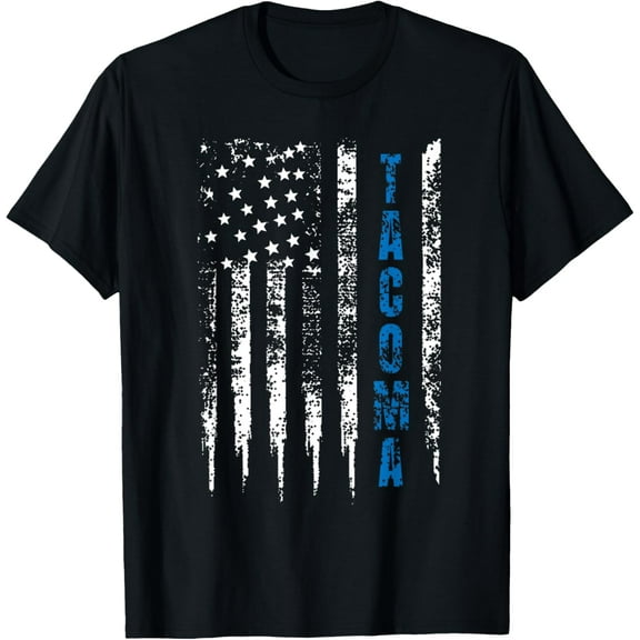 Blue Line Tacoma Distressed National Police Week Unisex Adult Black T-Shirt100% cotton short-sleeved shirt for both men and women