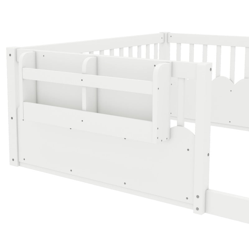 Full Size Floor Bed with Heightened Fence, Kids Platform Bed Frame with No Slat, Montessori Storage Bed with Bookshelf