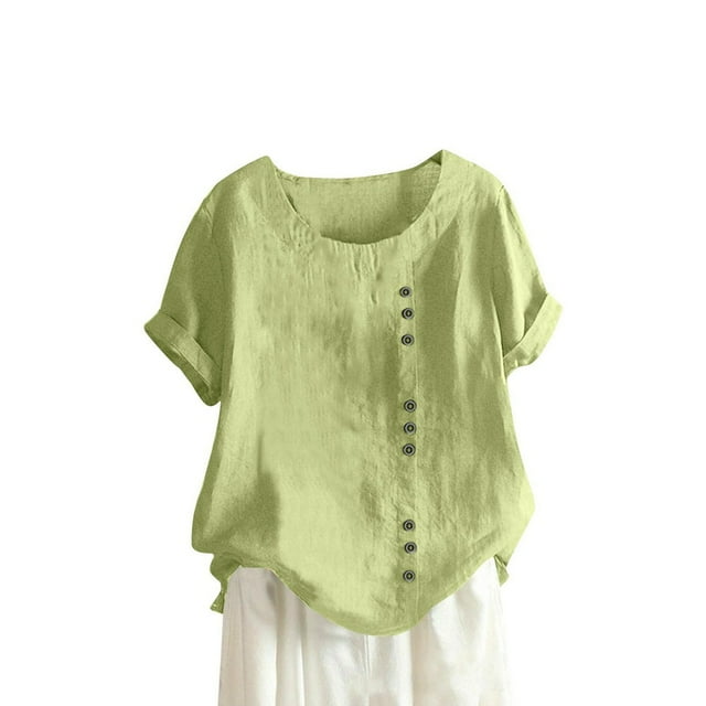 CHUANK Oversized Button Down Shirts Women Oversized T Shirts Workout Cotton Linen Western Shirts Short Sleeves Crew Neck Sexy Summer Tops for Plus Size Summer Spring Blouses Yellow Army G