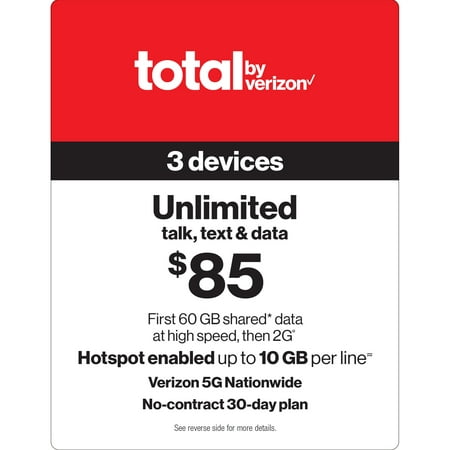 Total by Verizon (formerly Total Wireless) $85 Unlimited 30-Day 3 Lines Prepaid Plan (60GB Shared Data at High Speeds, then 2G) + 10GB of Mobile Hotspot Per Line Direct Top Up
