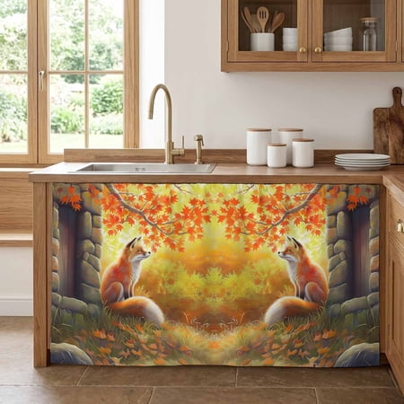 Cabinet Curtains 28 W x 51 L Fall Maple Leaf Fox Sink Skirt for Bathroom Kitchen Self Adhesive Autumn Retro Cabin Cottage Desk Privacy Short Curtain for Sink Under Counter Classroom
