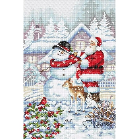 UPC: 4840746065231 | Counted Cross Stitch Kit Snowman and Santa L8015 Needlework Easy Small Red White By LetiStitch Canvas Cotton