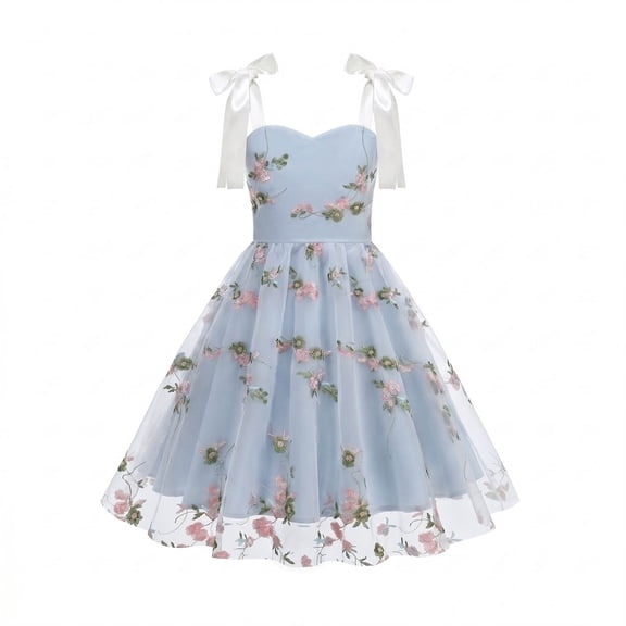 Girls Tulle Princess Dresses Trendy Embroidery Flower Lace Bow Spaghetti Gown for Pageant Wedding Birthday Party Graduation Dance Prom Blue 10-11 Years