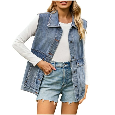 Bowake Women s Oversized Sleeveless Denim Jacket Vest Classic Washed Button Down Jeans Tops Teen Girls Waistcoat Blue