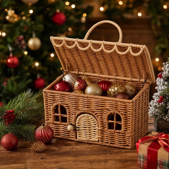 Christmas Decorations Savings, Handwoven Rattan House Shaped Storage Basket with Handle and Lid, Multicolor Christmas Decor Organizer Box for Holiday Home Decor