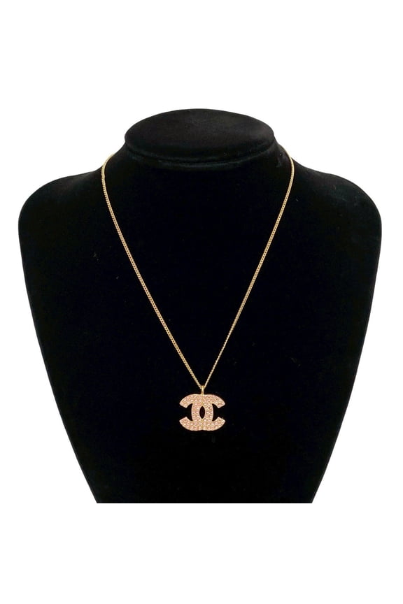 Pre-Owned CHANEL Coco Mark Motif GP Rhinestone Chain Necklace Pendant Gold Pink 113-1 (Good)