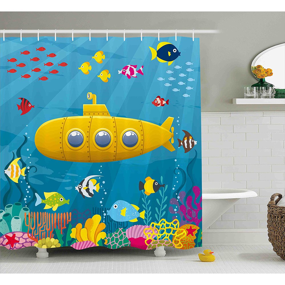 Yellow Submarine Shower Curtain Set by , Coral Reef with Colorful Fish