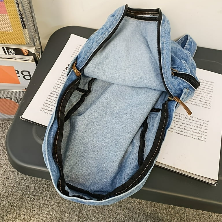 Letter Patch Detail Backpack, Denim Design Zipper School Bag 