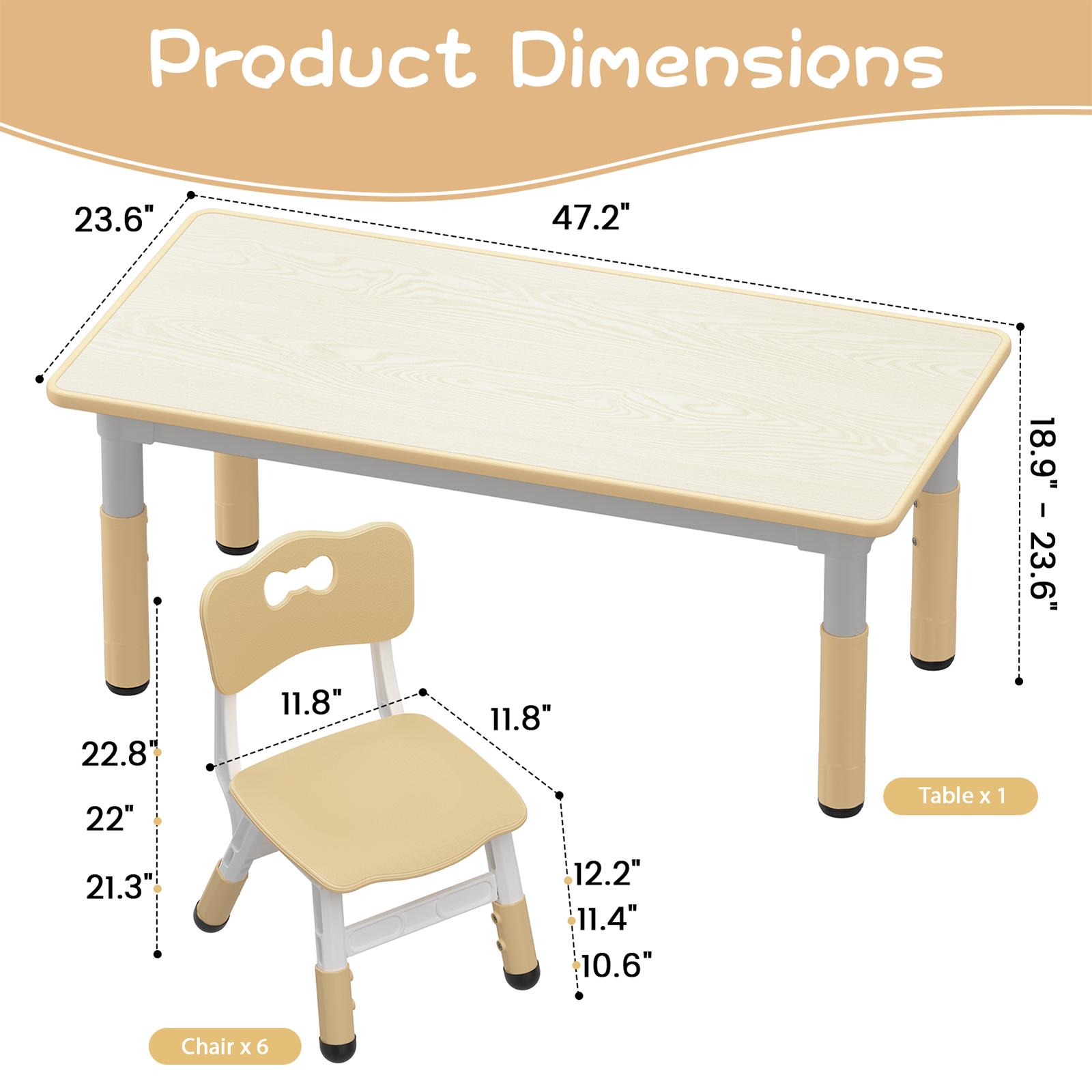 Kids Table and 6 Chairs Set, Height Adjustable Toddler Table and Chair Set, Graffiti Desktop, Children Study Table for 6 for Home Daycare Preschool for Ages 2-10