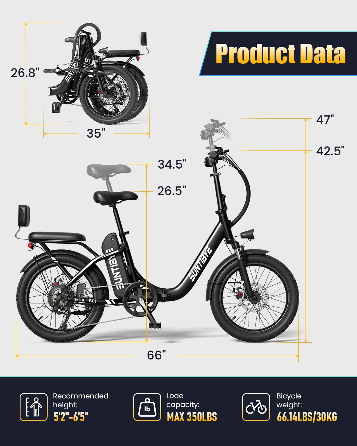 SUNTIBYE SE1 Folding Electric Bike for Adults, 1000W Motor, 28MPH, 48V 15Ah Battery, 20" Fat Tire E-Mountain Bike, UL2849, Black