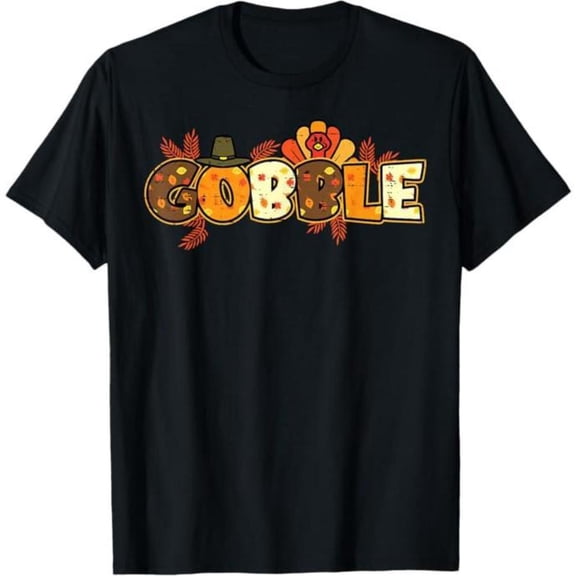 Women's Gobble Thanksgiving Graphic Cotton T Shirt Comfortable Short Sleeve Round Neck Top Black S-5XL