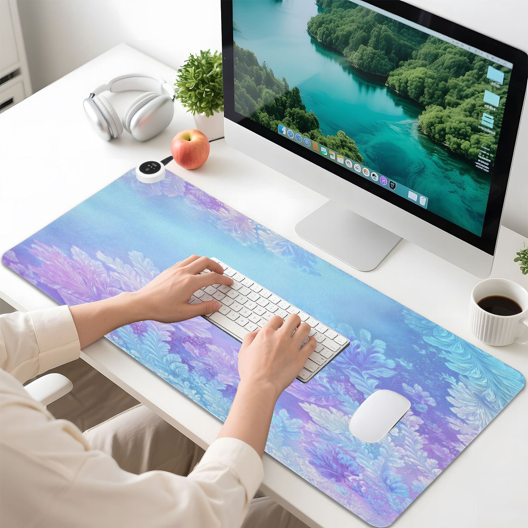 Large Heated Desk Mat Mouse Pad 31.5"x13"PU Leather Graphene Heating Desk Warmer with 3 Temperature Settings 110V US Plug Non-Slip Warm Pad for Home, Office, and Gaming Frosty Floral Ice Pattern