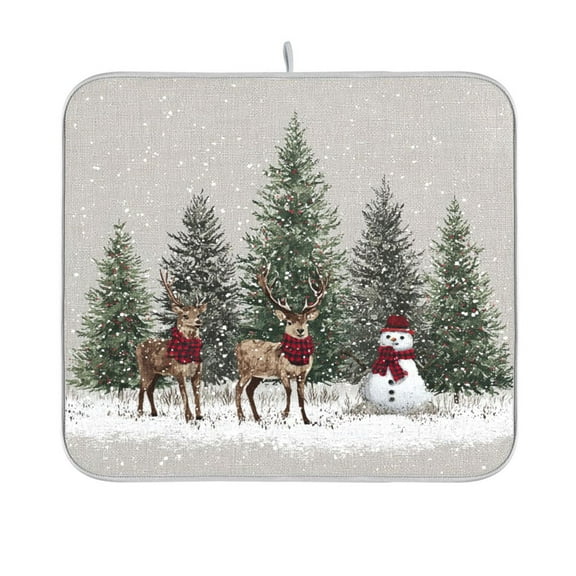 Dish Drying Mat Microfiber Kitchen Pad Large Counter Absorbent Dish Mats Drainer Rack 16"x18" Christmas Deer and Snowmen