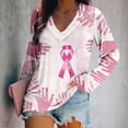 thumbnail image 2 of Uootdi Women's Breast Cancer Awareness Shirt Pink Ribbon Graphic V - Neck Top Casual Long Sleeve Tee Support Survivor Apparel Pink Women Tops, 2 of 5