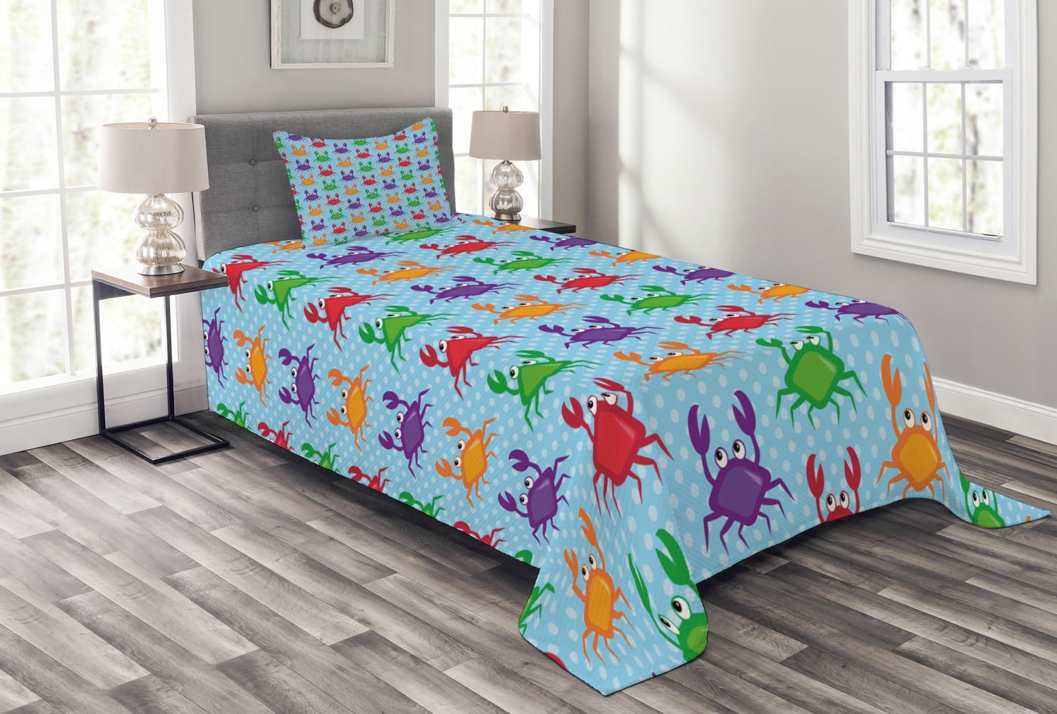 Crabs Bedspread Set Twin Size, Cartoon Art Style Illustration of Crabs ...