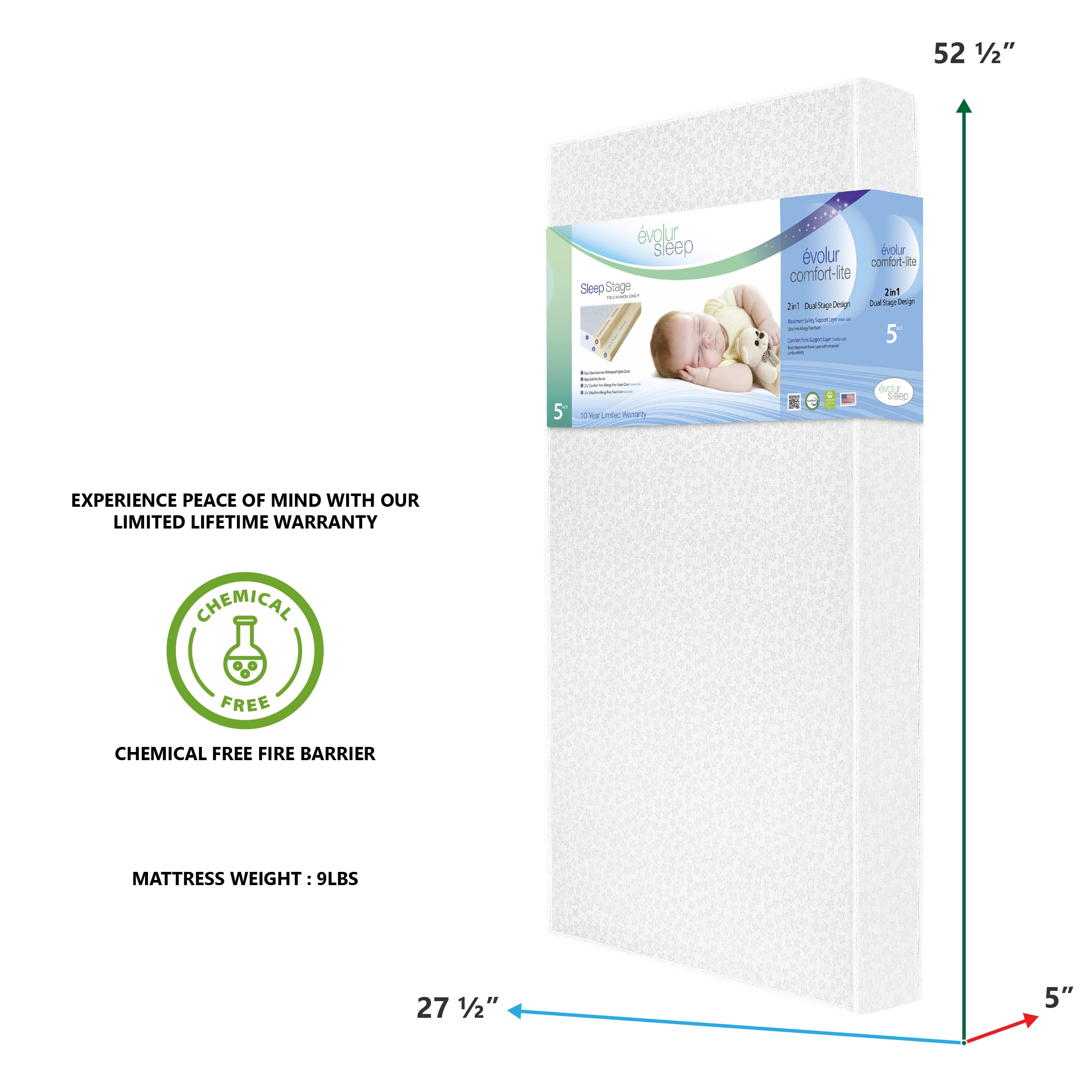 evolur Sleep Dual Stage Comfort-Lite 5" Crib & Toddler Foam Mattress, Silver Star