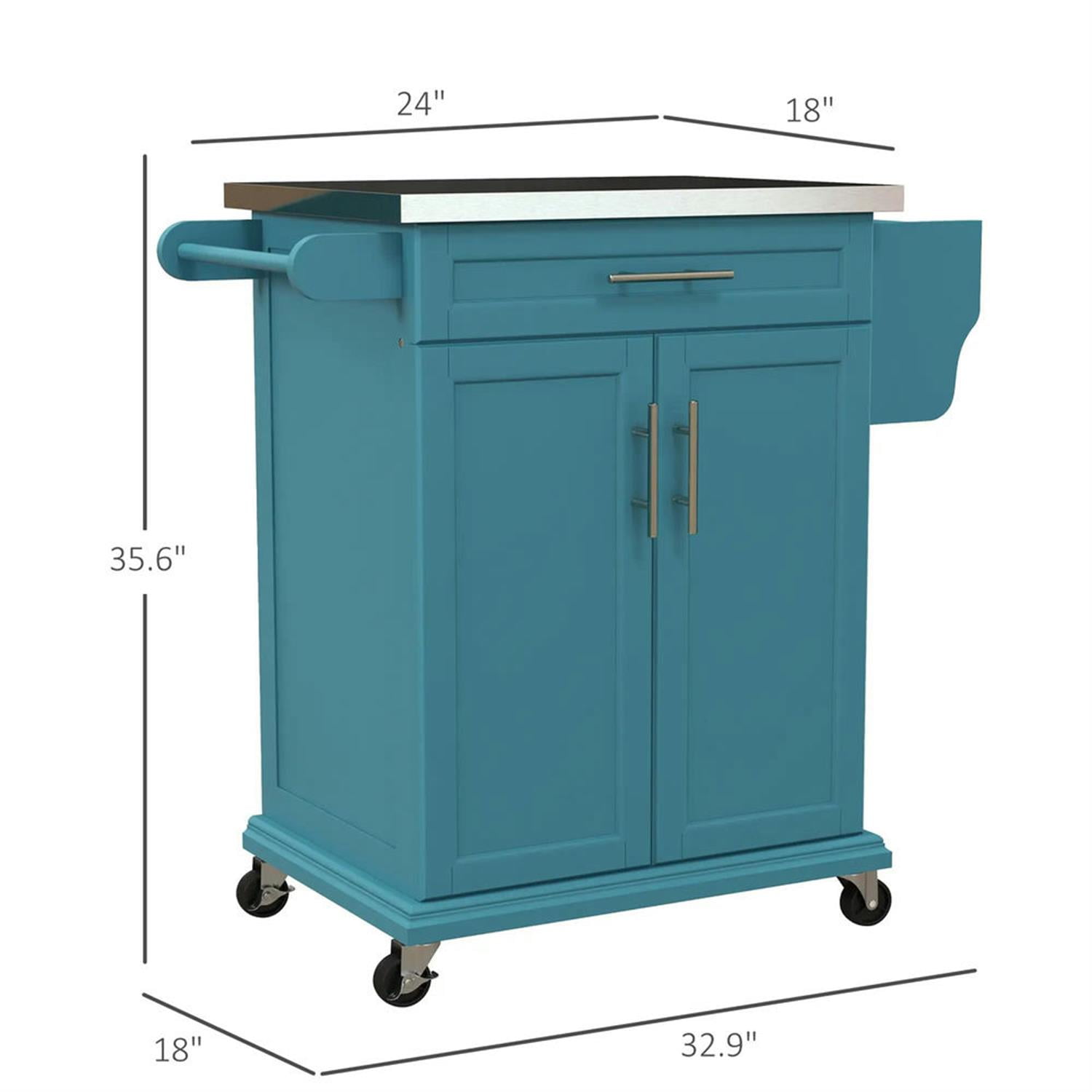 Demi Bonn 35" Kitchen Island Cart on Wheels with Stainless Steel Top, Rolling Dining Room Serving Utility Carts Mobile Movable with Towel Rack, Blue