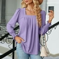 thumbnail image 3 of 2 Piece Summer Outfits for Women Short Sleeve Square Neck Blouses & Shirts Sets Women's Summer Solid Lace Squar E Neck Bubble Short Sleeve Solid T-shirt Tops Womens Vacation Outfits Purple xxl, 3 of 7
