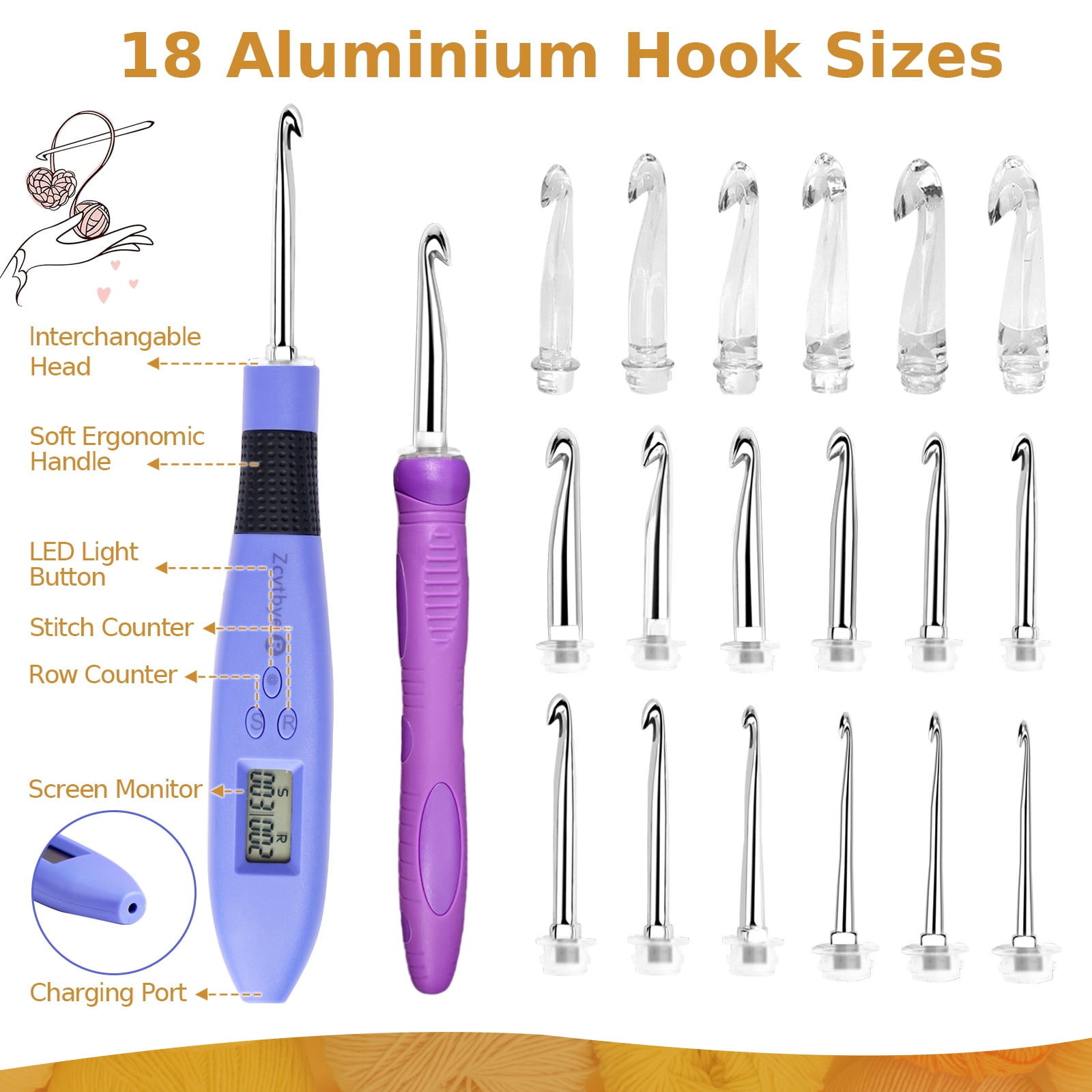 Counting Crochet Hook Set Digital,Ergonomic Crochet Hooks with LED Light and Digital Stitch Counter, Beginner Knitting Kit with 18 Interchangeable Crochet Hooks
