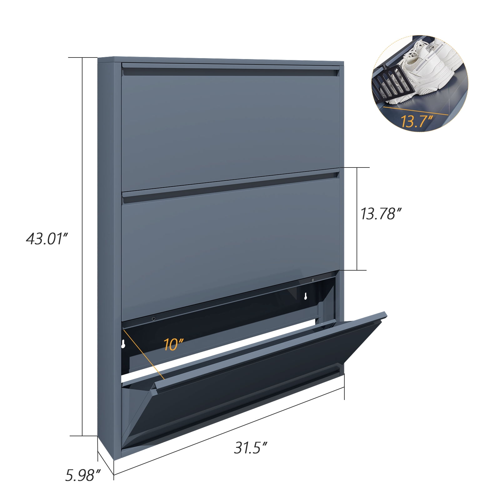 Metal Shoe Cabinet with 3 Flip Drawers, Wall Mounted Shoe Organizer, Narrow Slim Hidden Shoe Rack for Entryway,Blue
