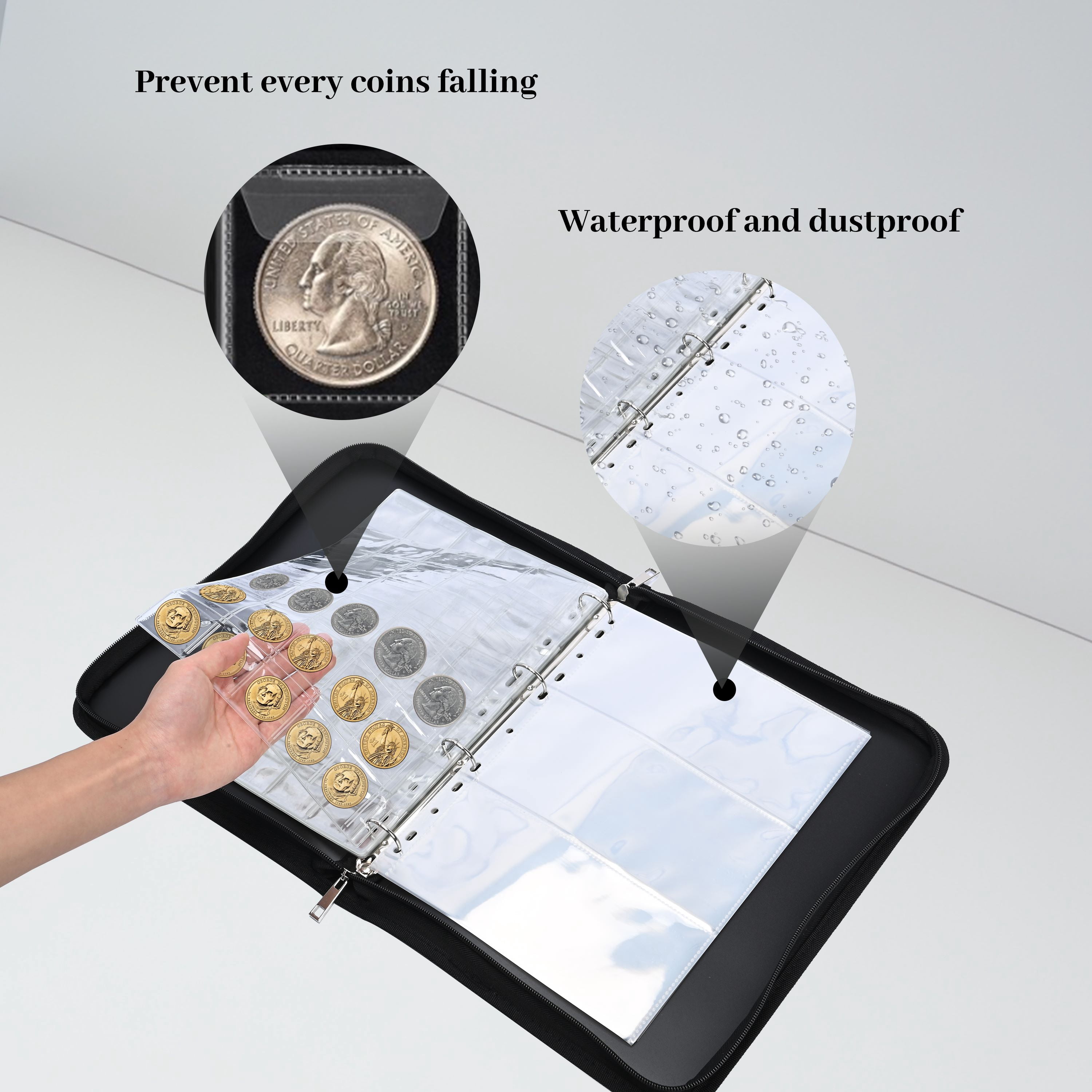 Gomok Coin Collection Book Holders, 300 Pockets Fireproof Coins Collection Album & 36 Sleeves Paper Money Display Storage Case