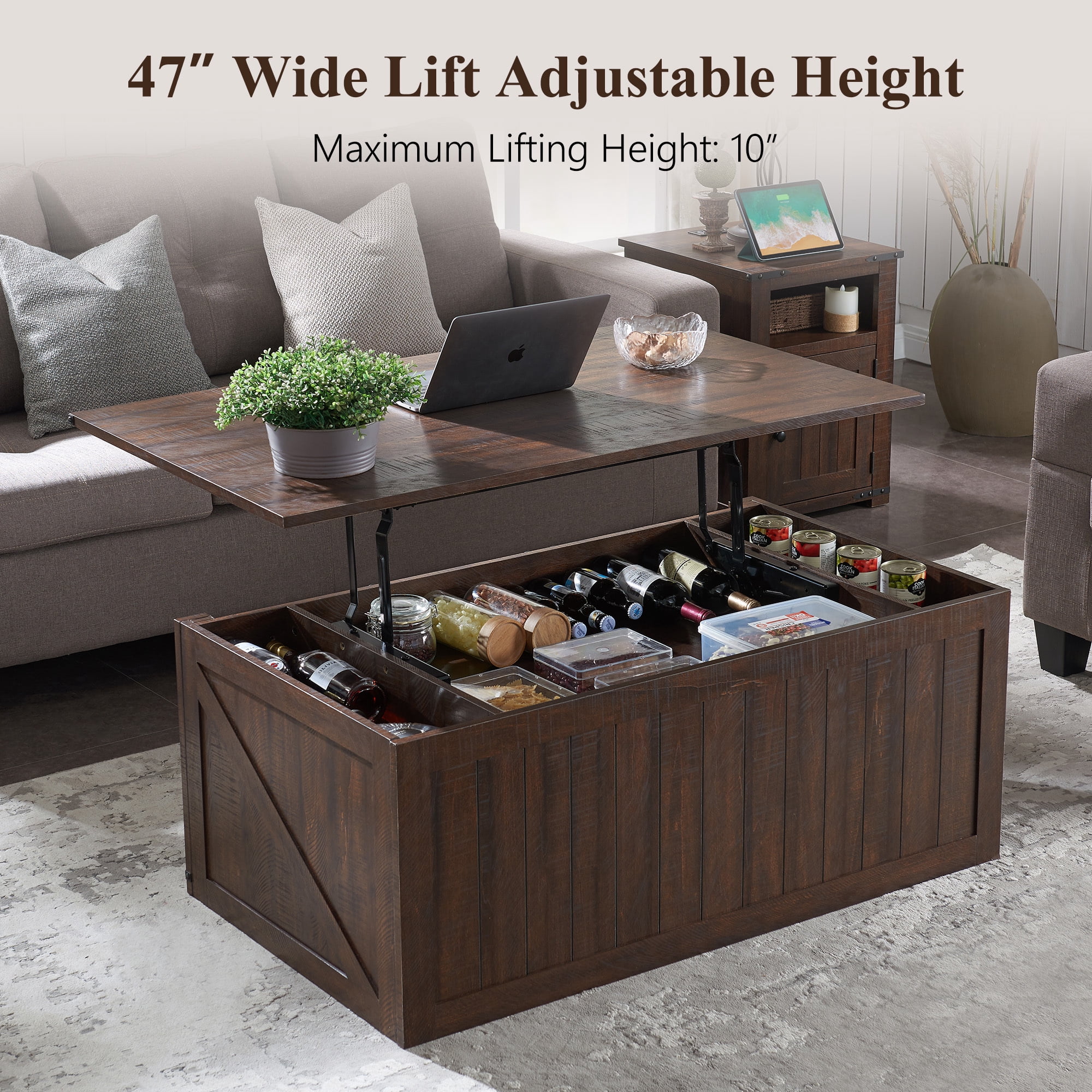 SinCiDo Farmhouse Coffee Table with Storage for Living Room, Lift Top Coffee Table w/Sliding Groove Barn Door