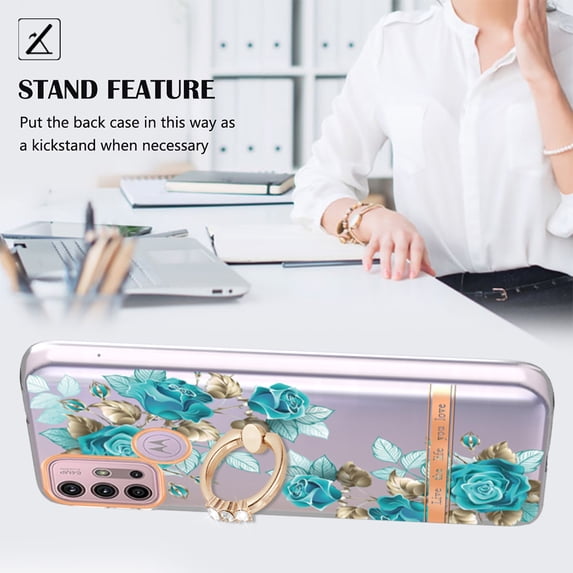 Allytech for Moto G30 Case with Ring Holder Stand, Slim Shell Floral Series Bumper Anti-Scratch Shockproof Lightweight Phone Case Cover for Motorola Moto G30, Green Flower