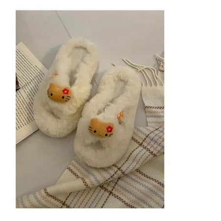 

Cute Hellokitty Hawaii Originality Plush Cross Slippers Furry Flip-Flops Cartoon Indoor Outdoor Versatile Floor Shoes Funny Gift