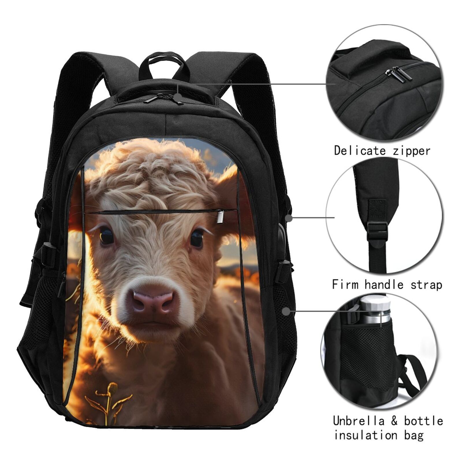 Vsdgher Sunset Sunflower Small Cow Print Travel Laptop Backpack, Laptops Backpack with USB Charging Port, Water Resistant Computer Bag Gift for Men & Women