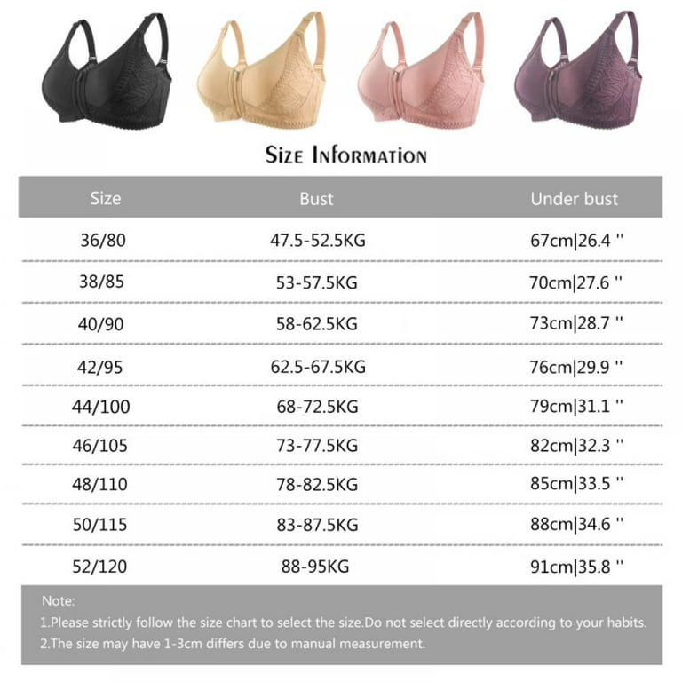 Women's Soft Cotton Cup Front Zippered Underwear Women's Underwired Lace  Back Adjustable Large Bra, 3 Pack