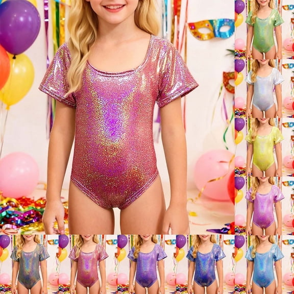 Hpapadks Leotards for Girls Latin Dance Leotard Shiny Rhinestone Short Sleeve Performance Unitard Dresses for Girls Black 100