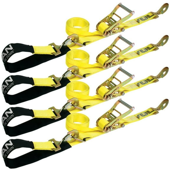 VULCAN Axle Tie Down Combo Strap, Snap Hook Ratchet, 2 inch x 114 inch, 4 Pack, Yellow, 3300 Lbs SWL