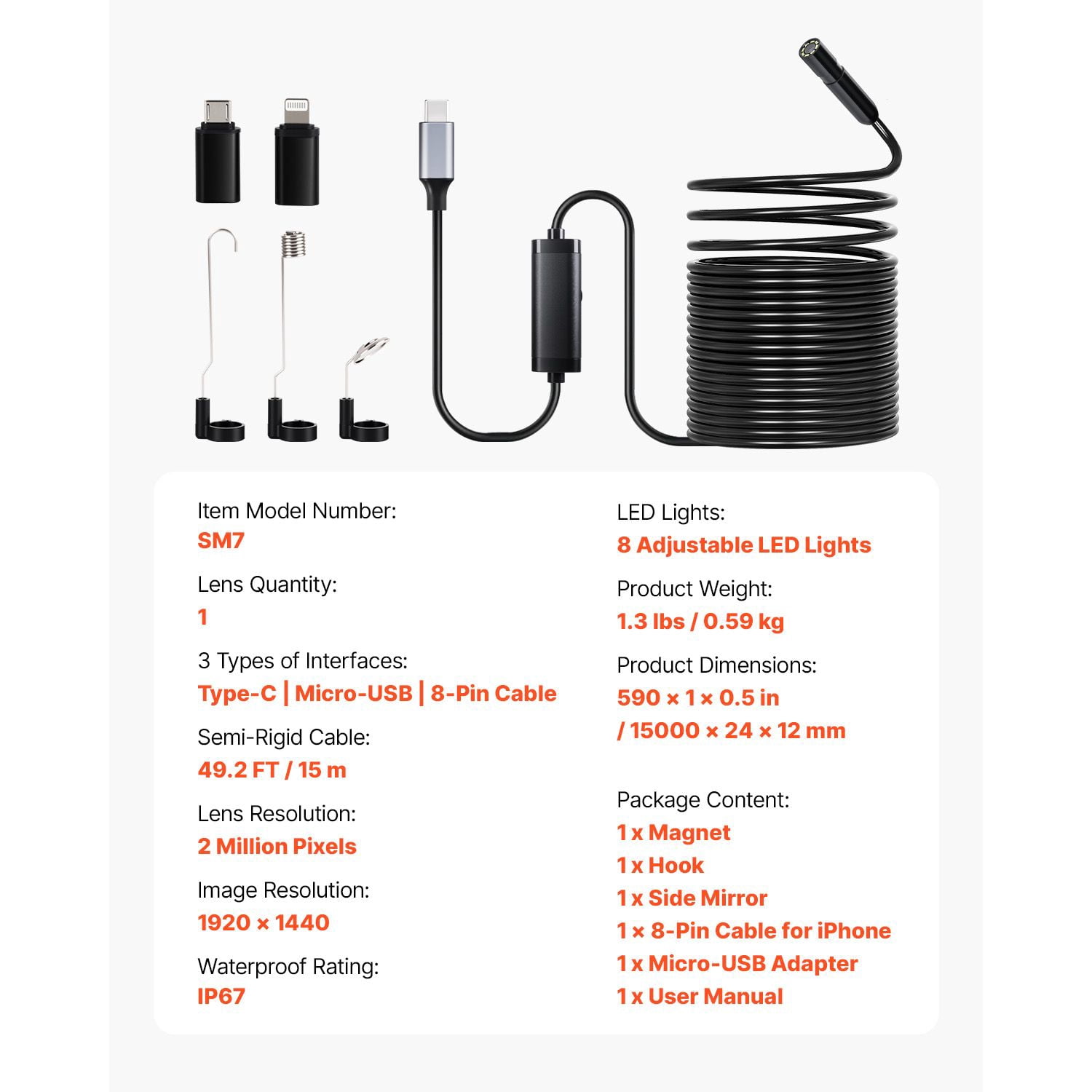 Dranite Wireless WiFi Endoscope, 1920P HD Inspection Camera with 49.2FT Semi-Rigid Cable & LED Lights, Compatible with Smartphones (Android/iOS), Ideal for Home, Auto, Mechanical Diagnostics