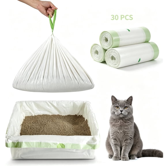 Urieessian 30 Count Jumbo Cat Litter Box Liners, 37" x 18" Thick Heavy Duty Drawstring Bags, Leak Proof Tear Resistant Eco Friendly