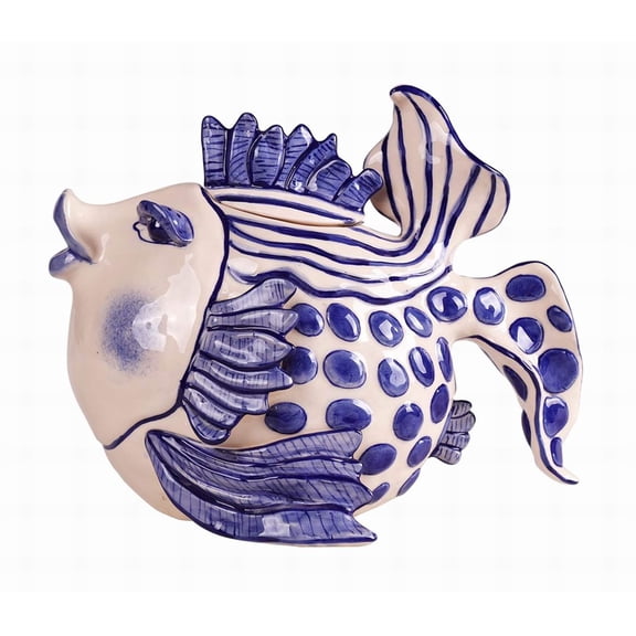 Blue Sky Clayworks Delft Fish Teapot 10 Inch Ceramic Serveware