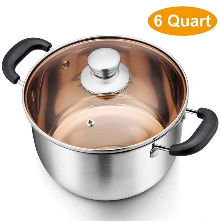 TeamFar 3 Quart Stock Pot, Stainless Steel Stock Pasta Soup Pot with Lid,  Tempered Glass Lid & Double Heat-Proof Handles, Non-Toxic & Healthy, Heavy