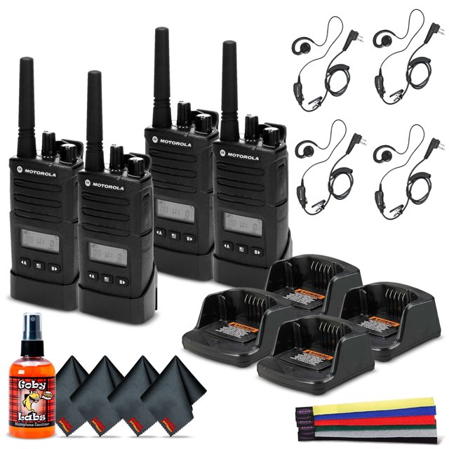 4 x Radio Empresarial Bidireccional Local Motorola RMU2080d con Pantalla (RMU2080d) + 4 x Auricular PTT Motorola HKLN4604 + Spray Desinfectante para Micrófono + 4 x Paño de Microfibra + Correas de Vel