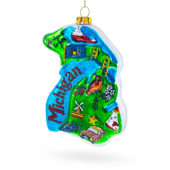 Michigan State Map with Landmarks Glass Christmas Ornament