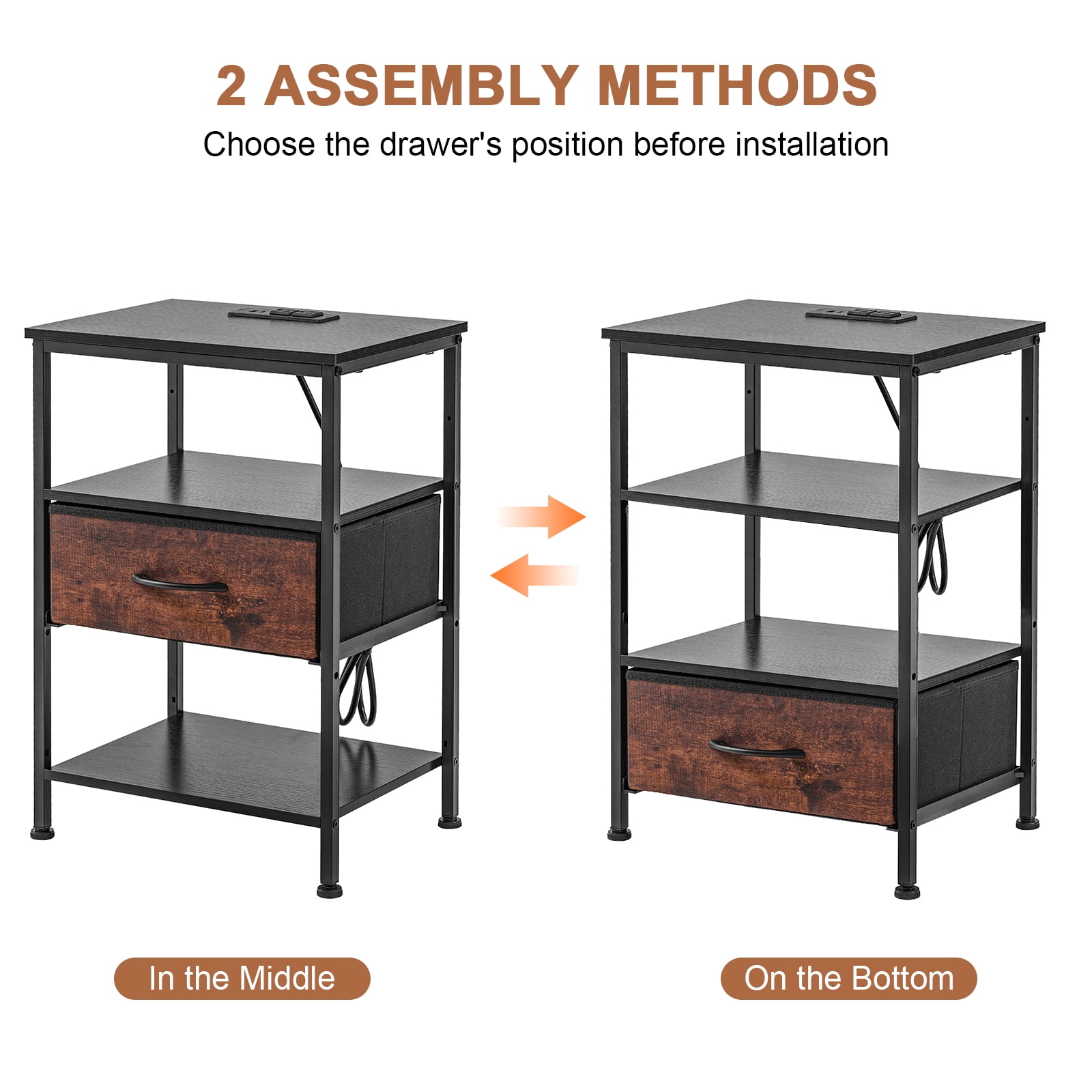 Beddle Nightstand with Charging Station, LED Bedside Table with 1 Fabric Drawer, 3-Tier End Table for Bedroom, Living Room, Black and Brown