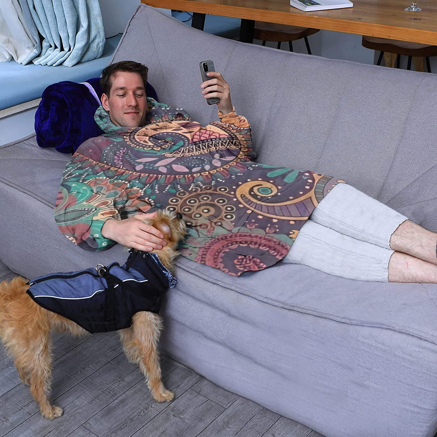 Wearable Oversized Blanket,Multicolor Paisley Pattern Wearable Blanket Hoodie for Adults,Cozy Hooded Blankets with Super Pockets,Super Warm Fuzzy Pullover for Women & Men